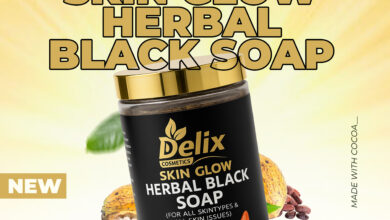 Delix Skin Glow Herbal Black Soap bar on a natural background
