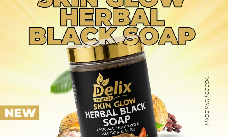 Delix Skin Glow Herbal Black Soap bar on a natural background