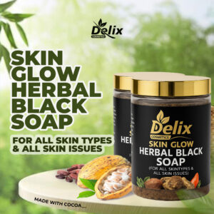 Delix Skin Glow Herbal Black Soap bar on a natural background