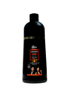 Bottle of Delix Argan Black Dye Shampoo for instant gray hair coverage. 