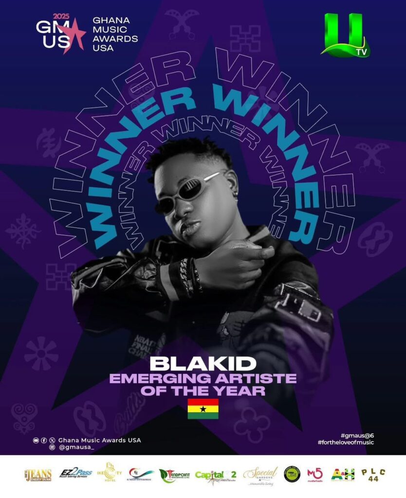 Blakid wins Emerging Artiste of the Year award at Ghana Music Awards USA.